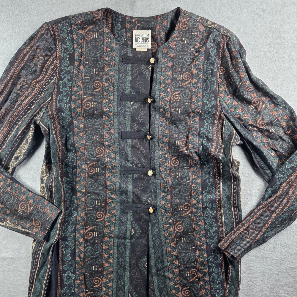 R&M Richards Karen Kwong Blouse Womens Vintage Teal Copper Geometric Frog
